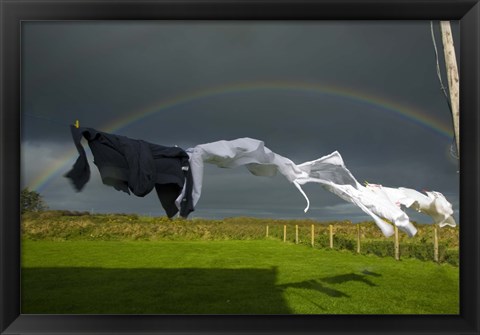 Framed Rainbow, Stormy Sky and Clothes Line, Bunmahon, County Waterford, Ireland Print