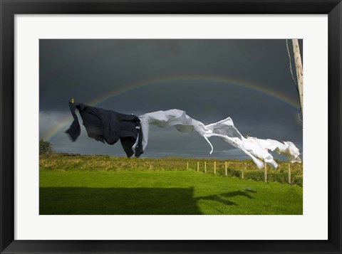 Framed Rainbow, Stormy Sky and Clothes Line, Bunmahon, County Waterford, Ireland Print