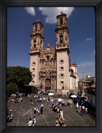 Framed Group of people in front of a cathedral, Santa Prisca Cathedral, Plaza Borda, Taxco, Guerrero, Mexico Print