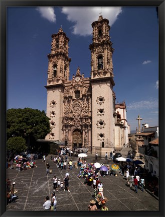 Framed Group of people in front of a cathedral, Santa Prisca Cathedral, Plaza Borda, Taxco, Guerrero, Mexico Print