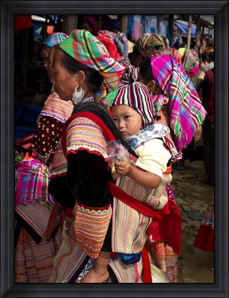 Framed Flower Hmong woman carrying baby on her back, Bac Ha Sunday Market, Lao Cai Province, Vietnam Print