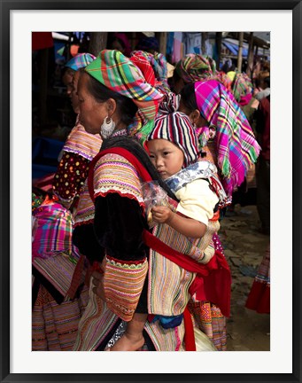 Framed Flower Hmong woman carrying baby on her back, Bac Ha Sunday Market, Lao Cai Province, Vietnam Print