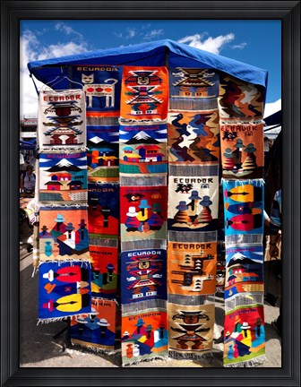 Framed Pillow covers for sale at a handicraft market, Otavalo, Imbabura Province, Ecuador Print