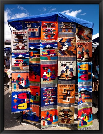 Framed Pillow covers for sale at a handicraft market, Otavalo, Imbabura Province, Ecuador Print