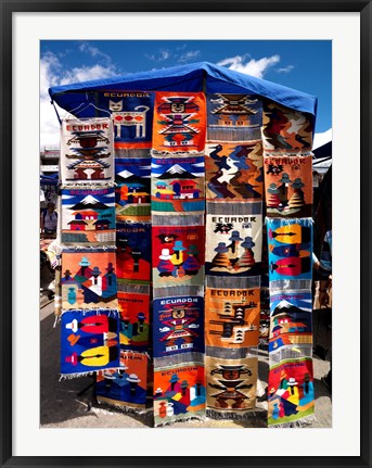 Framed Pillow covers for sale at a handicraft market, Otavalo, Imbabura Province, Ecuador Print