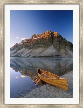 Framed Canoe at the lakeside, Bow Lake, Alberta, Canada Print