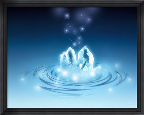 Framed Clear faceted quartz and stars rising from water ripples Print