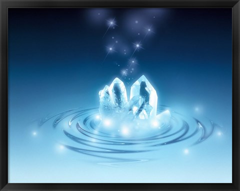 Framed Clear faceted quartz and stars rising from water ripples Print