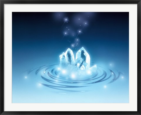 Framed Clear faceted quartz and stars rising from water ripples Print
