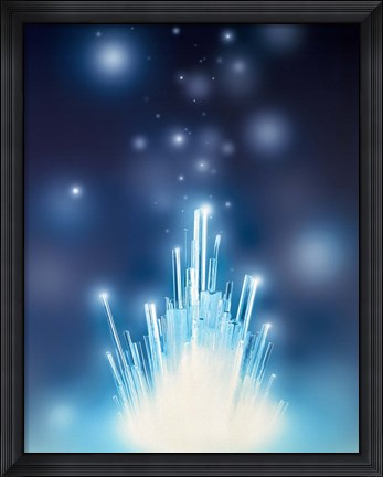 Framed Stars with trails rising from bright white burst of light toward deep blue Print