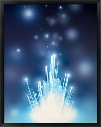 Framed Stars with trails rising from bright white burst of light toward deep blue Print