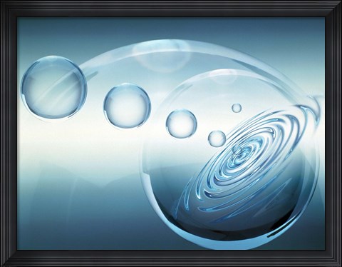 Framed Clear bubbles in descending size rising from water ripples surrounded by clear bubble Print