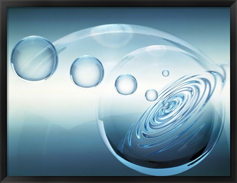 Framed Clear bubbles in descending size rising from water ripples surrounded by clear bubble Print