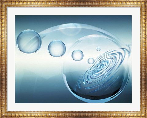 Framed Clear bubbles in descending size rising from water ripples surrounded by clear bubble Print