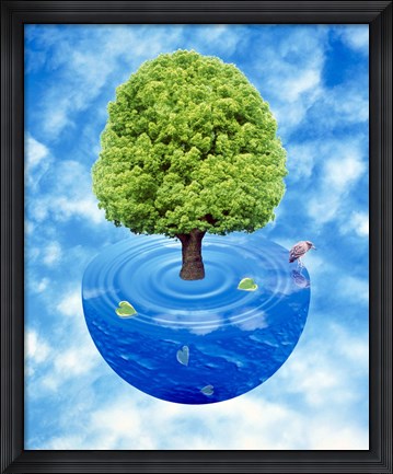 Framed Lush green tree growing from half sphere of blue water and ripples floating in cloudy blue sky Print