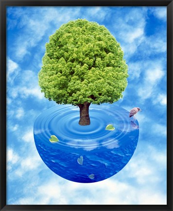 Framed Lush green tree growing from half sphere of blue water and ripples floating in cloudy blue sky Print