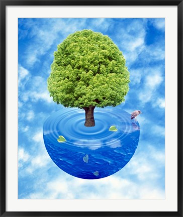 Framed Lush green tree growing from half sphere of blue water and ripples floating in cloudy blue sky Print