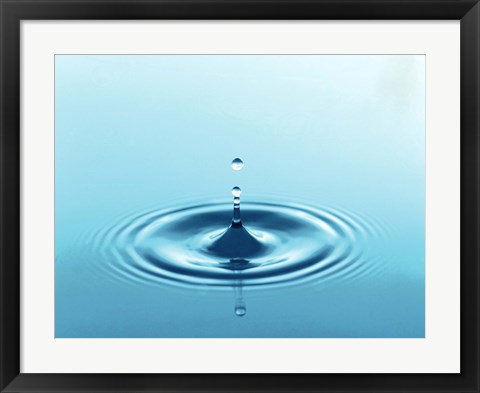 Framed Drops rising from ripples in blue water Print