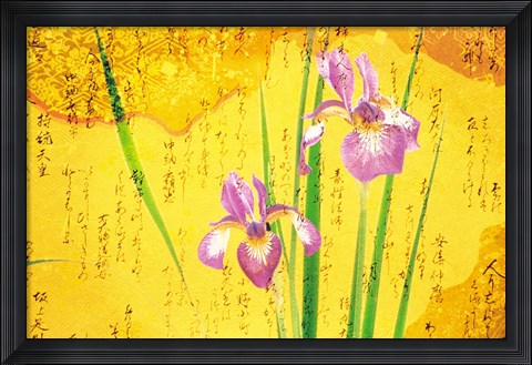 Framed Oriental batik style purple bearded iris and green leaves on mottled gold background Print