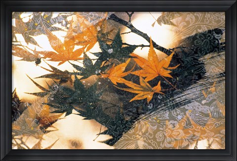 Framed Collage of green and pale orange leaves, white paper flower and abstract rocks Print