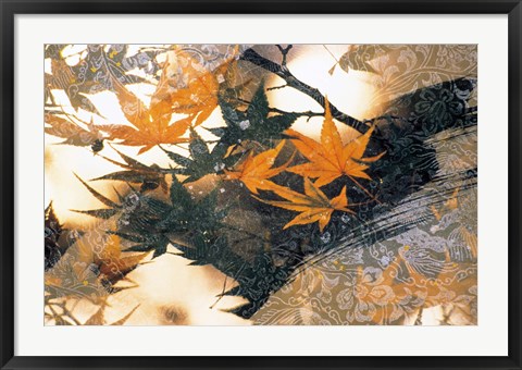 Framed Collage of green and pale orange leaves, white paper flower and abstract rocks Print