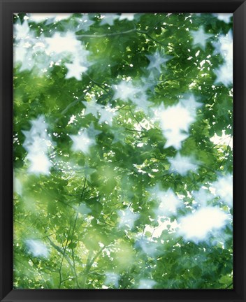 Framed Kaleidoscopic scene with white stars with green and blue Print