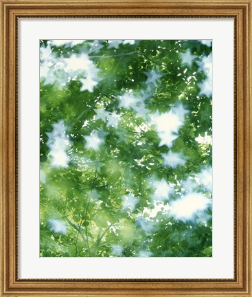 Framed Kaleidoscopic scene with white stars with green and blue Print