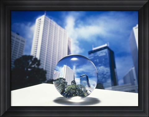 Framed Close up of clear globe with white sky line in center duplicated background Print