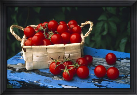 Framed Still life of cherry tomatoes in a rectangular woven basket sitting on distressed blue painted table top Print