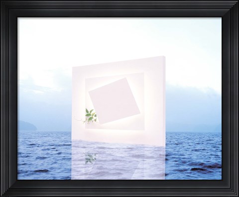 Framed White frame with small vine floating on blue water with reflection Print