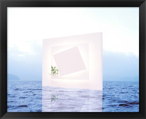 Framed White frame with small vine floating on blue water with reflection Print
