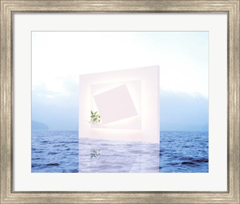 Framed White frame with small vine floating on blue water with reflection Print