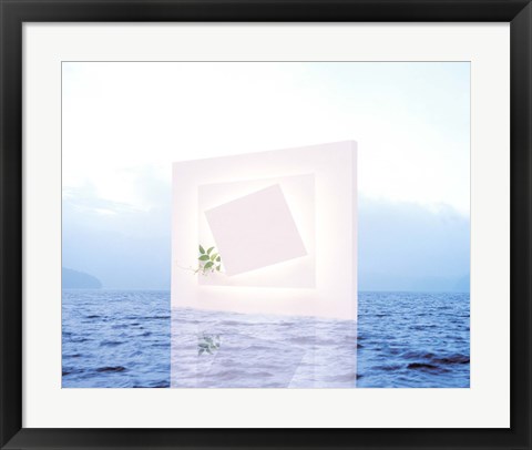 Framed White frame with small vine floating on blue water with reflection Print