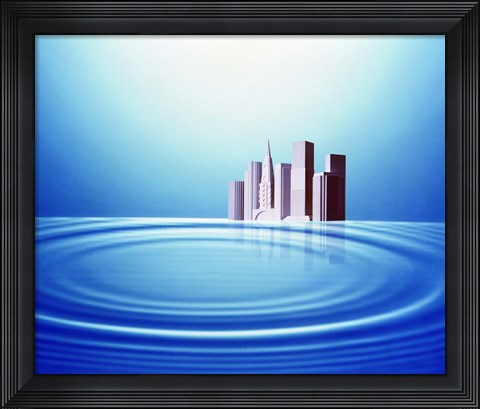 Framed White buildings float behind large water rings bright light overhead Print