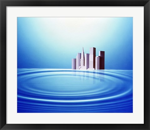 Framed White buildings float behind large water rings bright light overhead Print