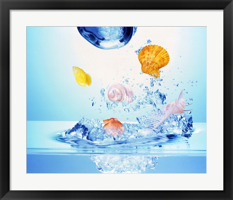 Framed Multicolored seashells and water bubbles in churning water Print