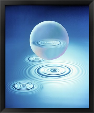 Framed Sphere with water rings reflected in center floating above three rings in blue water Print