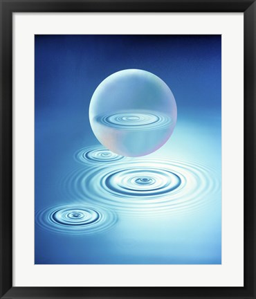 Framed Sphere with water rings reflected in center floating above three rings in blue water Print