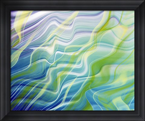 Framed Abstract steaks of green, blue, lavender and white in blowing fabric Print