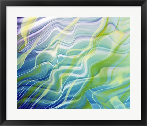 Framed Abstract steaks of green, blue, lavender and white in blowing fabric Print