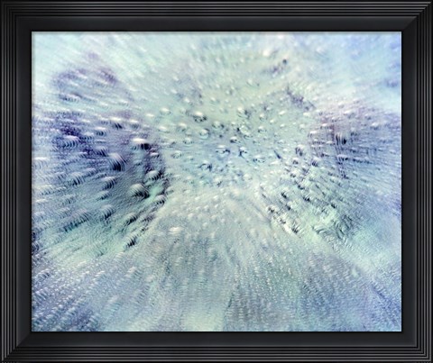 Framed Close up of water droplets on pale blue glass Print