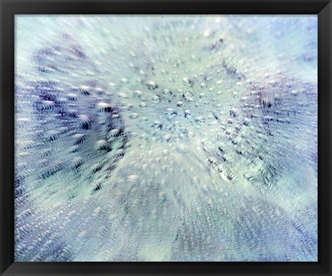 Framed Close up of water droplets on pale blue glass Print