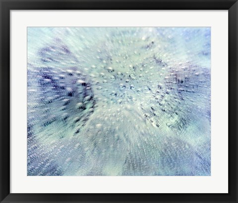 Framed Close up of water droplets on pale blue glass Print
