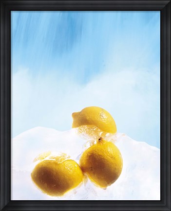 Framed Three lemons frozen in ice below ice blue sky Print