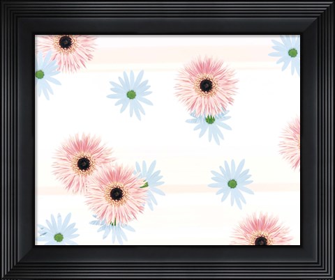 Framed Pink and blue daisies on pink blue and white fabric Print