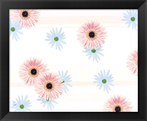 Framed Pink and blue daisies on pink blue and white fabric Print