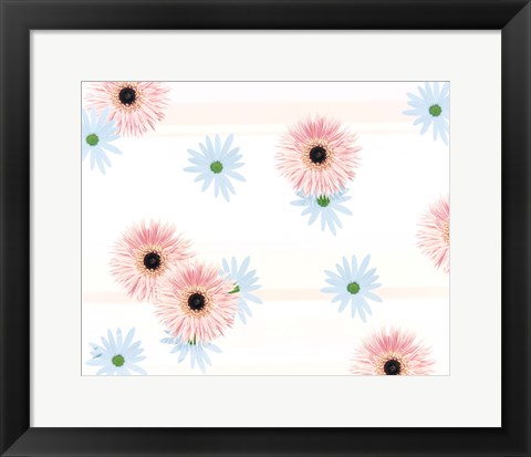 Framed Pink and blue daisies on pink blue and white fabric Print