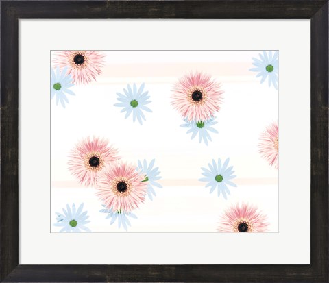 Framed Pink and blue daisies on pink blue and white fabric Print