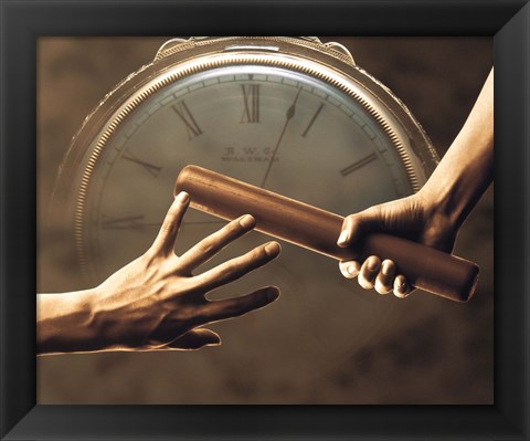 Framed Close up of two runners hands passing the baton in relay race in front of old European clock face Print