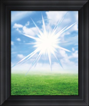 Framed Bright star like light floating in blue sky and clouds over green land Print